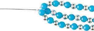 Strands of blue round beads and metal beads are tied together at one end.